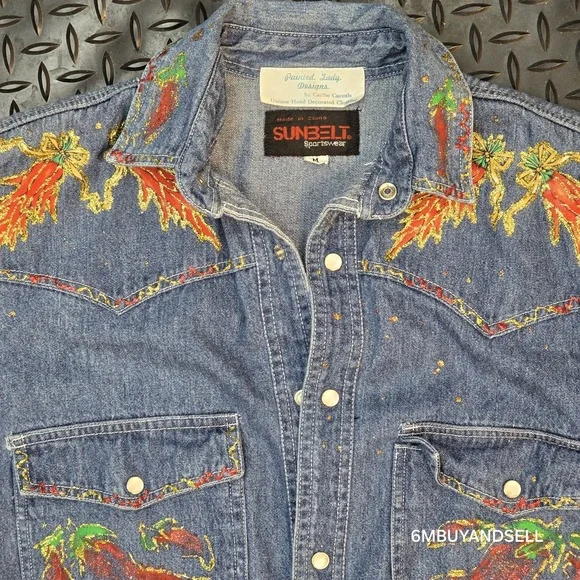 Sunbelt Sportswear Painted Lady Designs Chili Pepper Denim Western Shirt Mens M - Picture 3 of 10